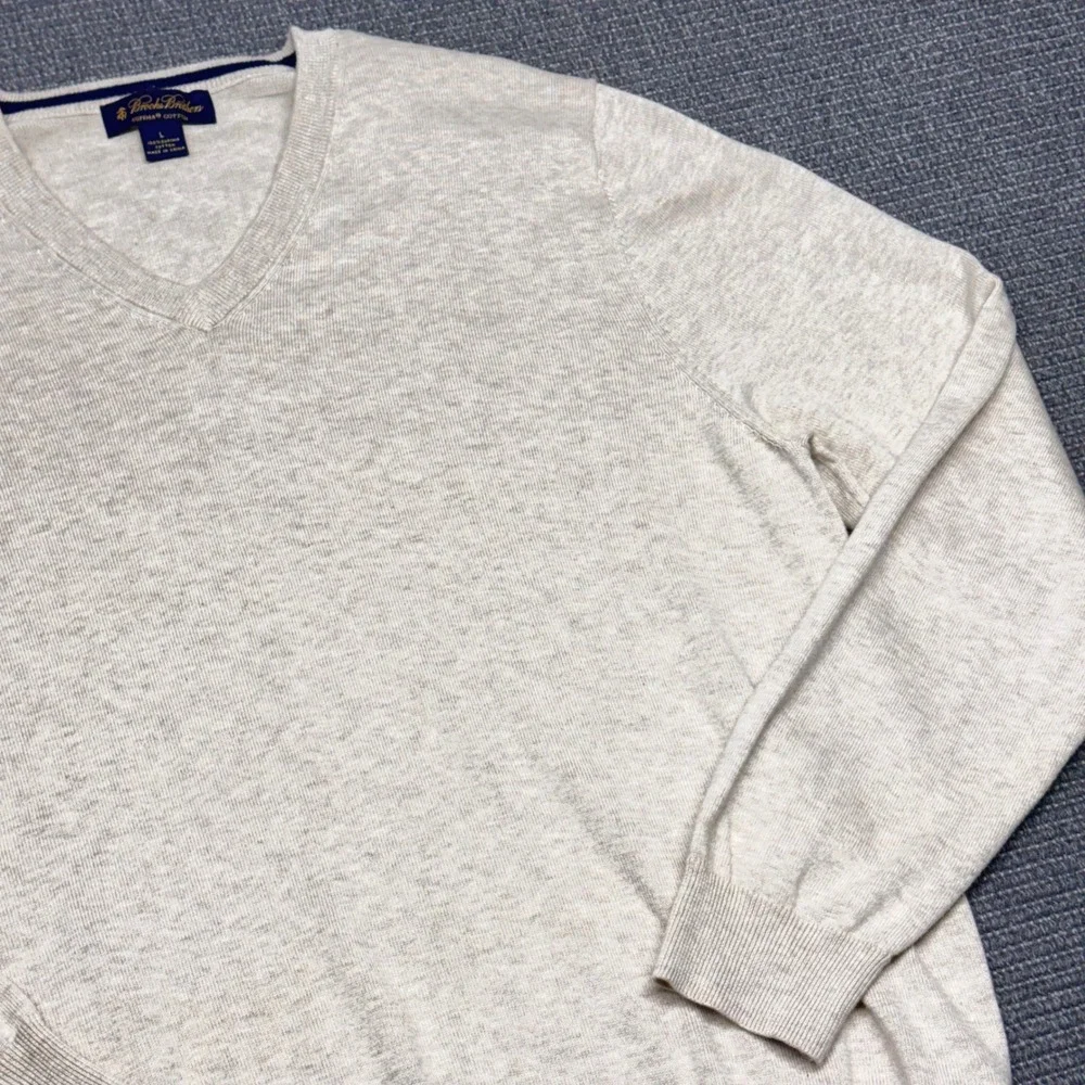 Brooks Brothers Mens Supima Cotton V-Neck Sweater Oatmeal Heather Beige Large